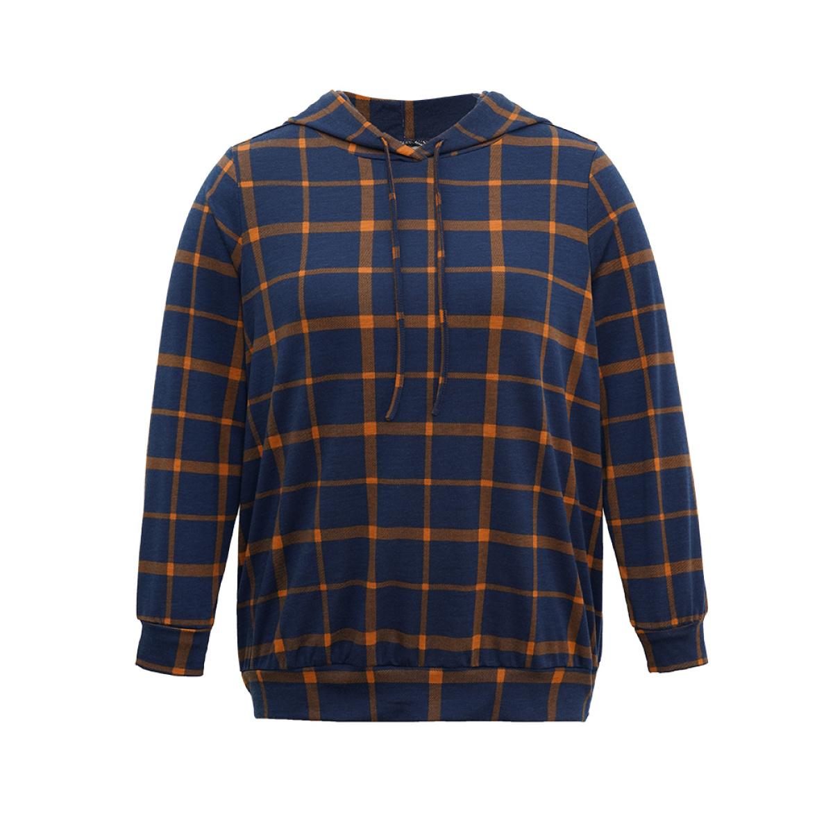 Plus Size Contrast Plaid Hooded Drawstring Sweatshirt Women DarkBlue Casual Contrast Hooded Dailywear Sweatshirts BloomChic 12/L Product Image