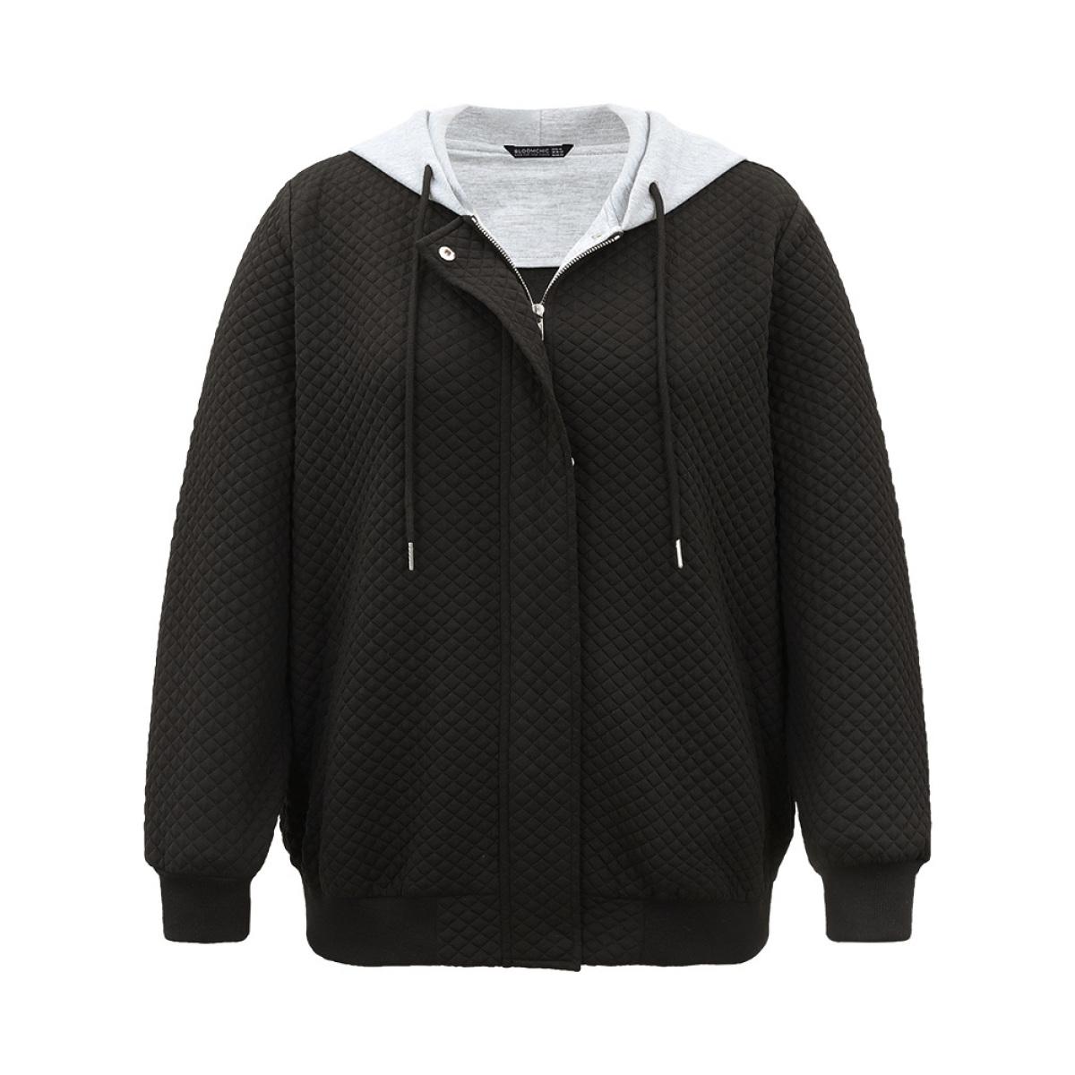 Plus Size Contrast Hooded Drawstring Pocket Zipper Fly Coat Women Black Rib Knit Pocket Dailywear Jackets BloomChic 22-24/3X Product Image