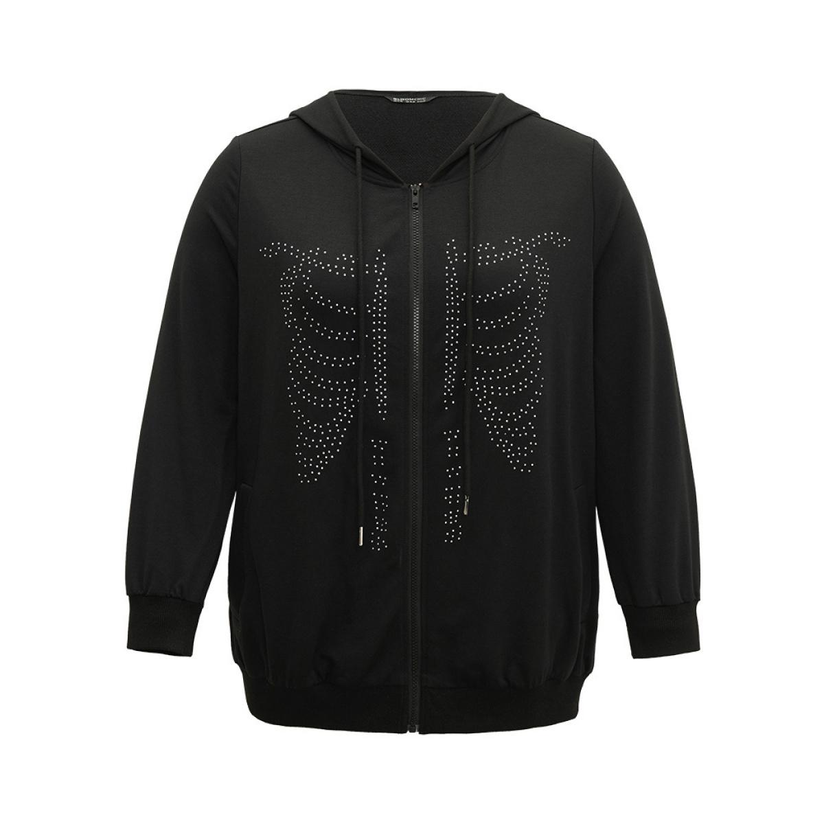 Plus Size Halloween Print Rhinestone Drawstring Hooded Zipper Sweatshirt Women Black Casual Rhinestone detailing Hooded Festival-Halloween Sweatshirts BloomChic 12/L Product Image