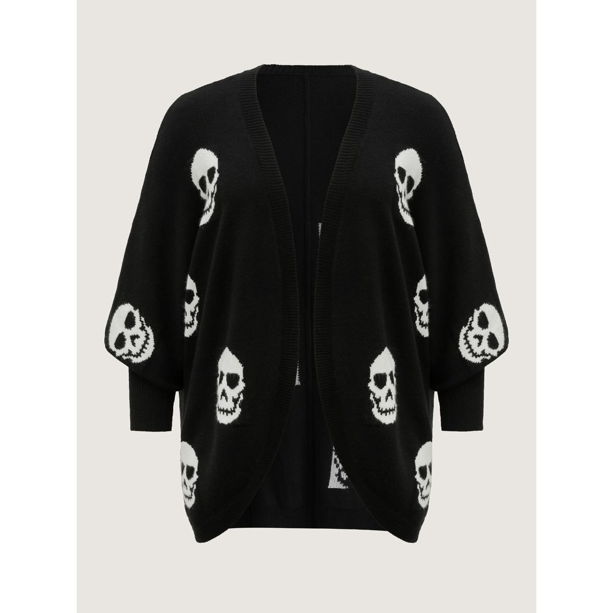 Plus Size Skull Print Batwing Sleeve Knit Cardigan Black Women Playful Loose Long Sleeve Casual Cardigans BloomChic 14-16/1X Product Image