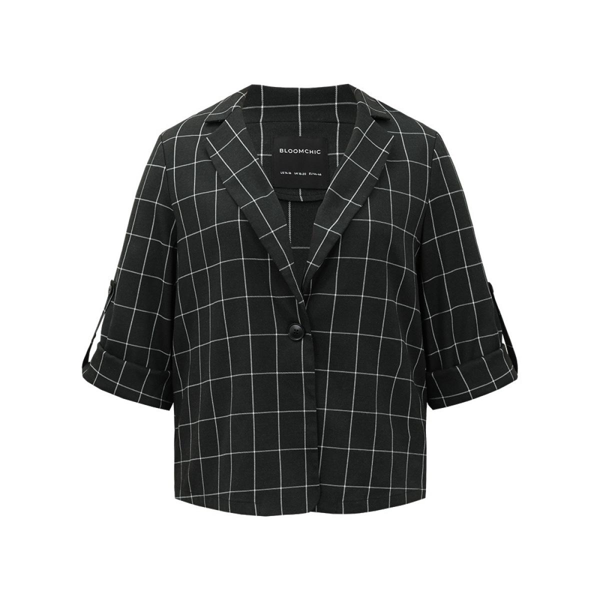Plus Size Plaid Suit Collar Tab Sleeve Button Up Blazer Black Women Dailywear Plaid Contrast Sleeve Long Sleeve Suit Collar 28/5X Casual Blazers BloomChic Product Image