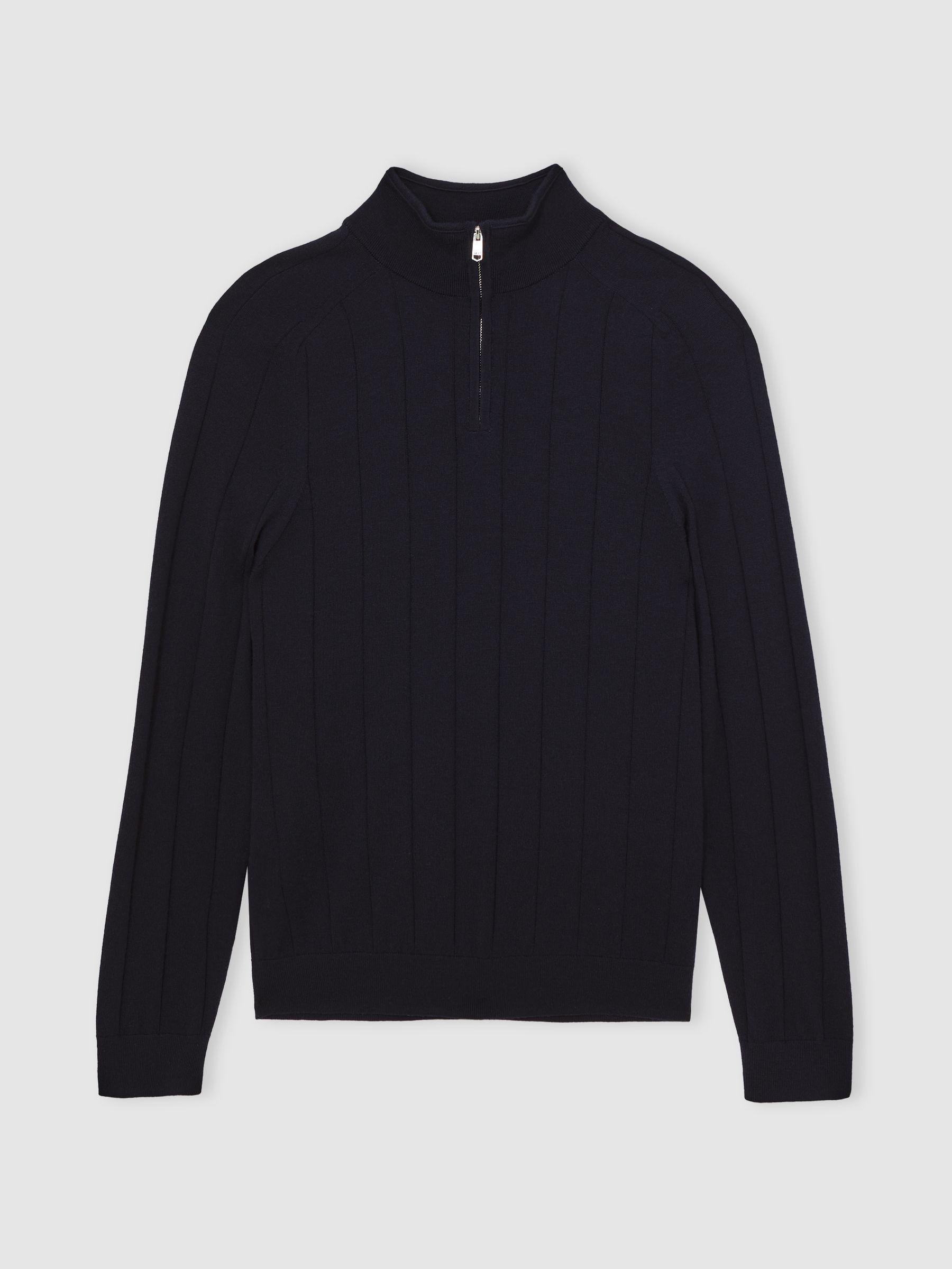Merino Wool Wide-Rib Half-Zip Jumper in Navy Product Image