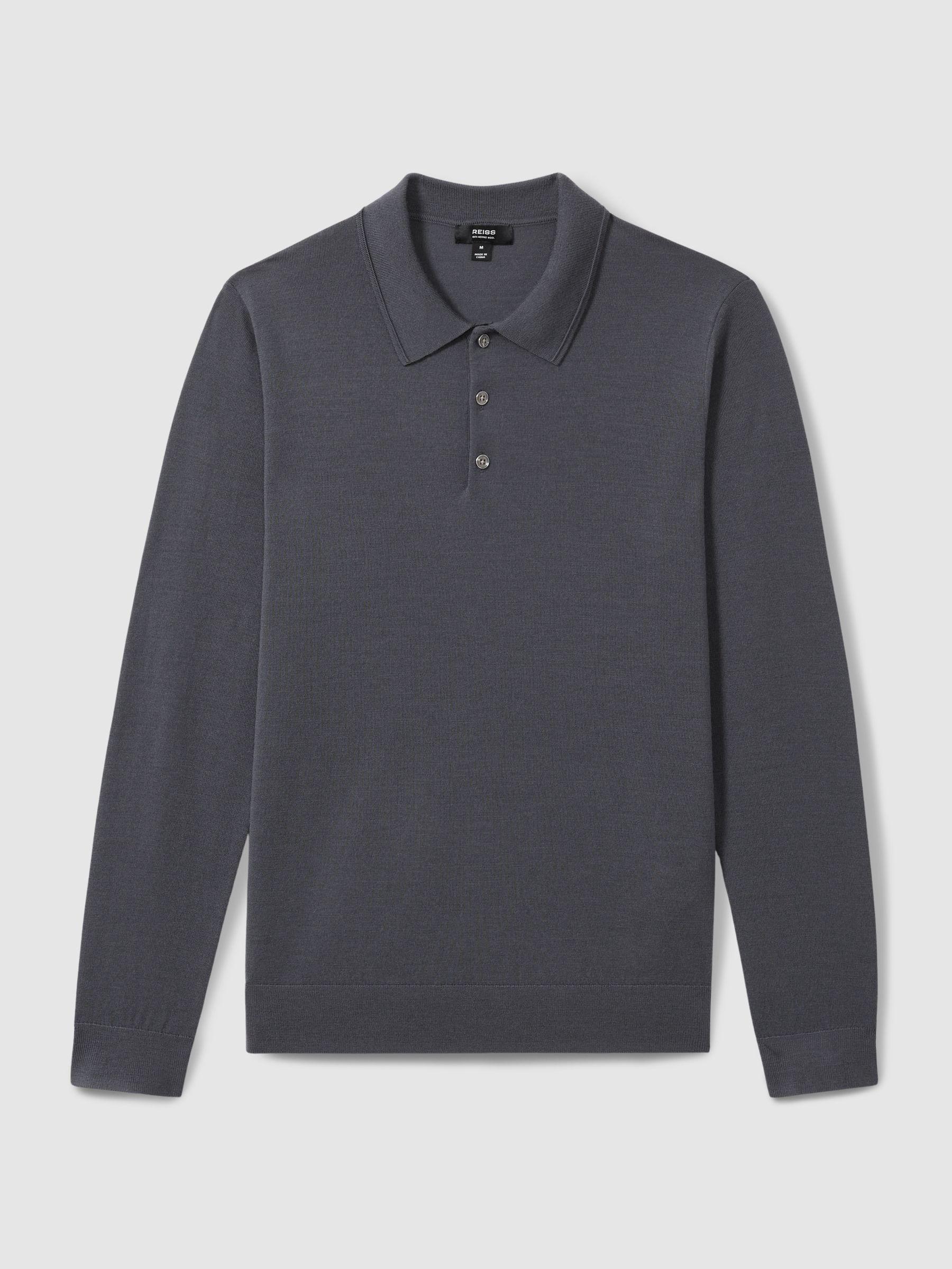Merino Wool Long-Sleeve Polo Shirt in Blackend Blue Product Image