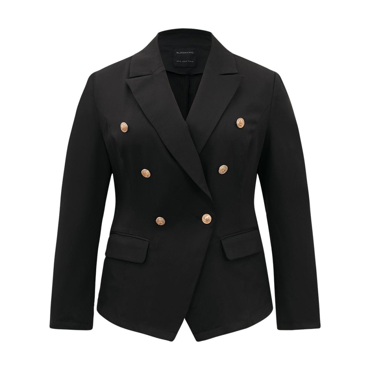 Plus Size Suit Collar Buckle Detail Pocket Blazer Black Women Office Plain Plain Sleeve Long Sleeve Suit Collar 22-24/3X Pocket Workwear Essentials Blazers BloomChic Product Image