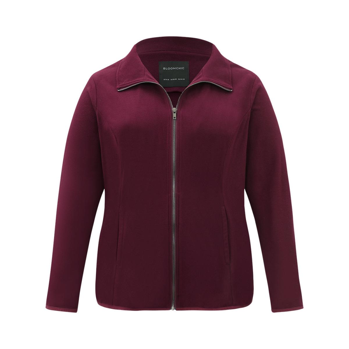 Plus Size Plain Zipper Fly Lapel Collar Jacket Women Burgundy Plain Pocket Dailywear Jackets BloomChic 18-20/2X Product Image