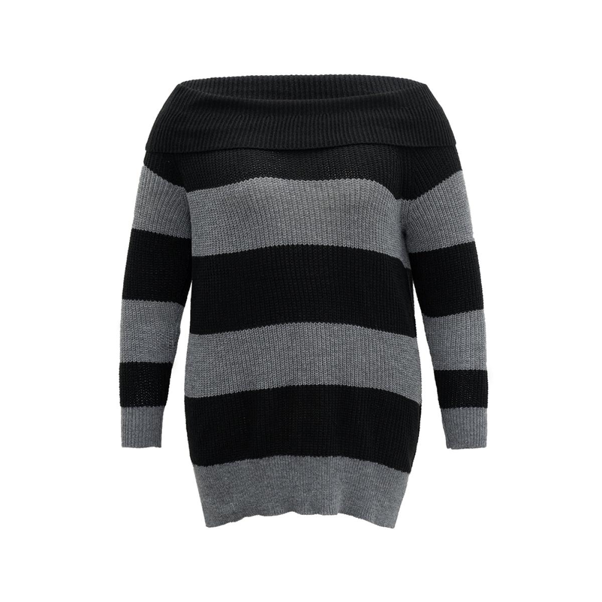 Plus Size Colorblock Drop Shoulder Lapel Collar Pullover Black Women Casual Loose Long Sleeve Lapel Collar Festival-Halloween Pullovers BloomChic 12/L Product Image