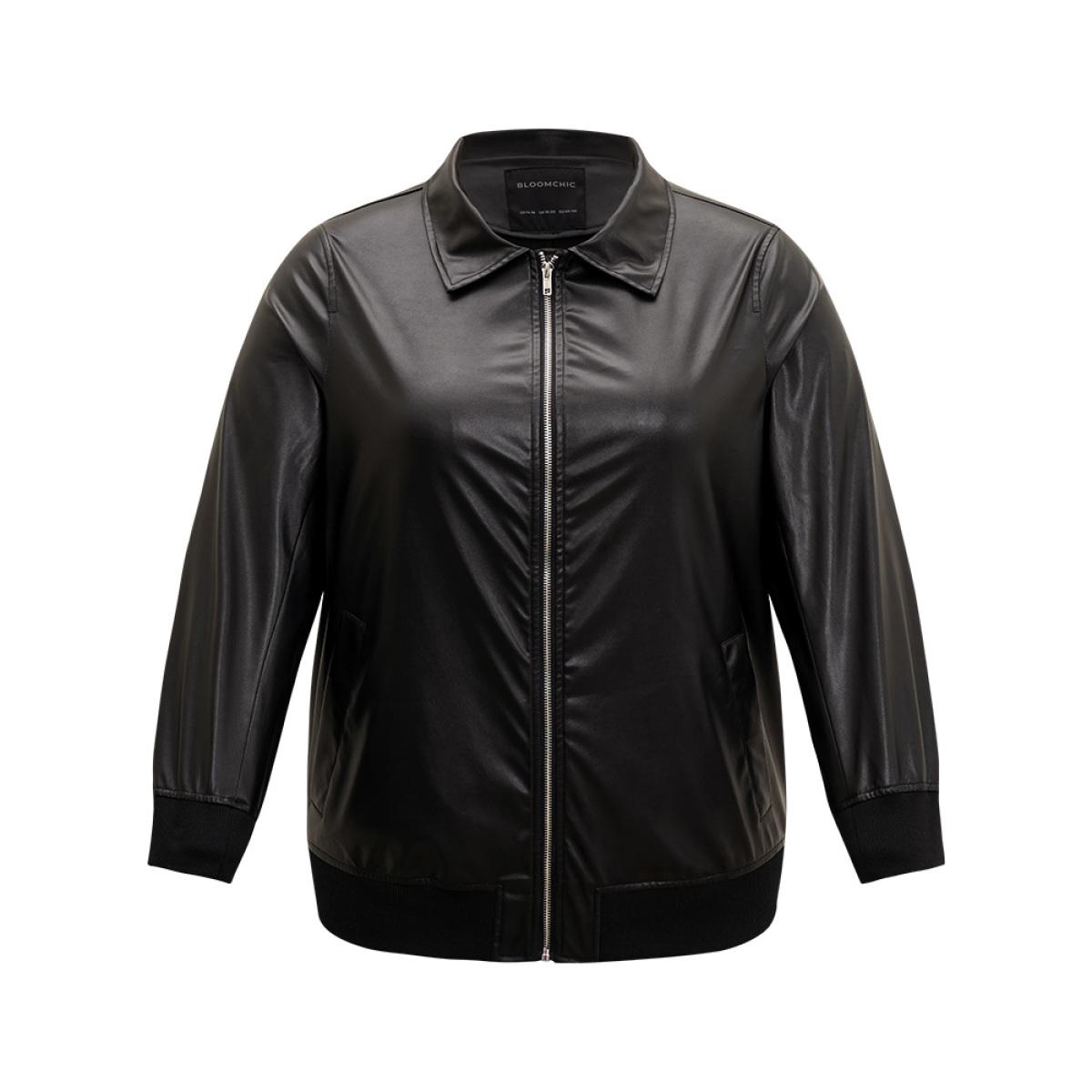 Plus Size Plain Zipper Fly Rib Knit Patchwork Jacket Women Black Elastic cuffs Pocket Dailywear Jackets BloomChic 12/L Product Image