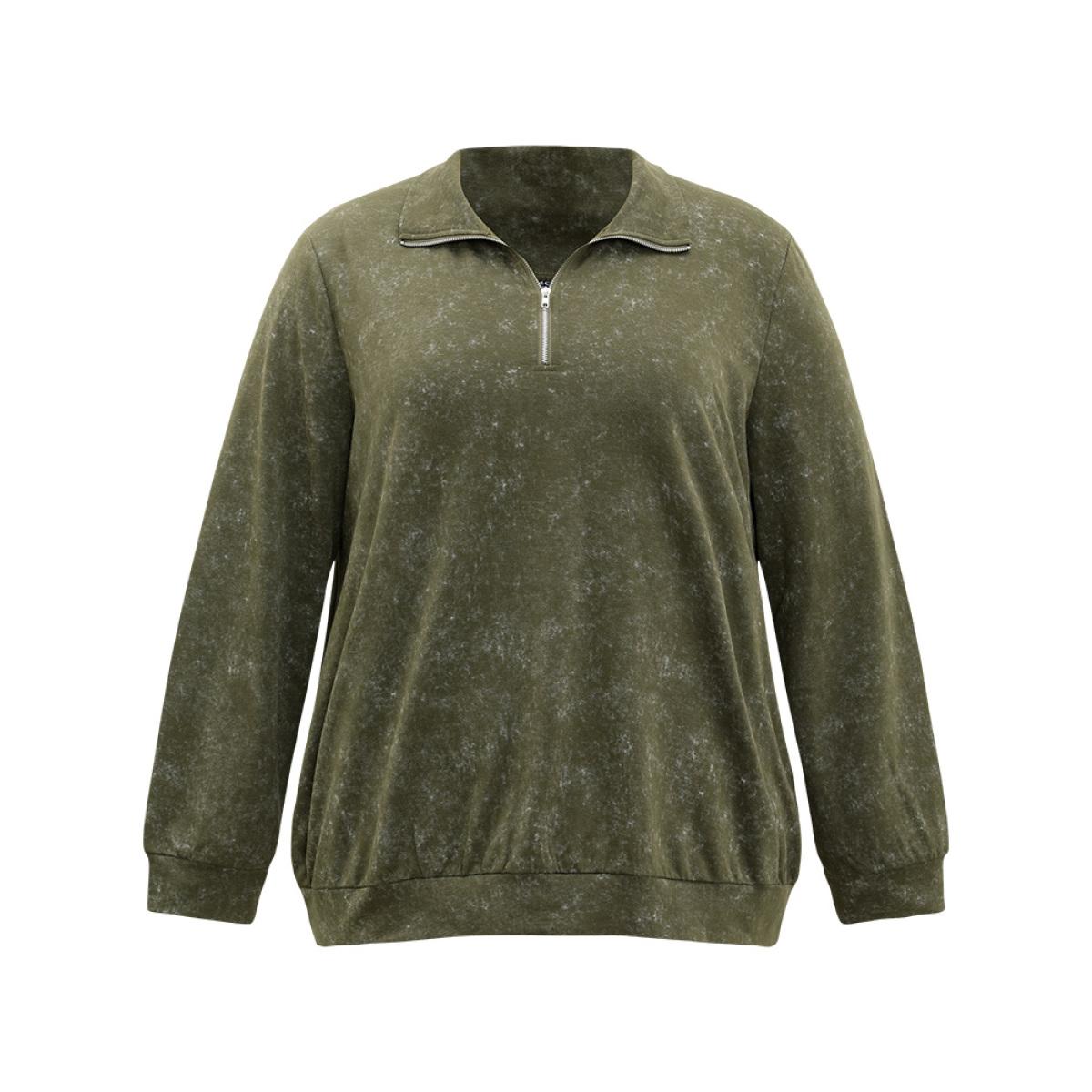 Plus Size Lapel Collar Zipper Elastic Hem Sweatshirt Women ArmyGreen Casual Elastic cuffs Lapel Collar Dailywear Sweatshirts BloomChic 26/4X Product Image