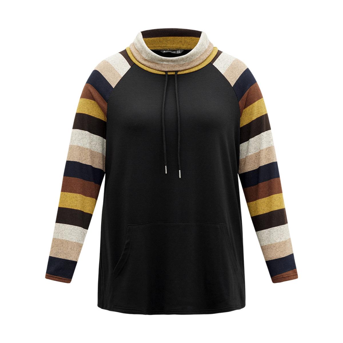 Plus Size Mock Neck Colour Striped Drawstring Sweatshirt Women Black Casual Patchwork Mock Neck Dailywear Sweatshirts BloomChic 26/4X Product Image