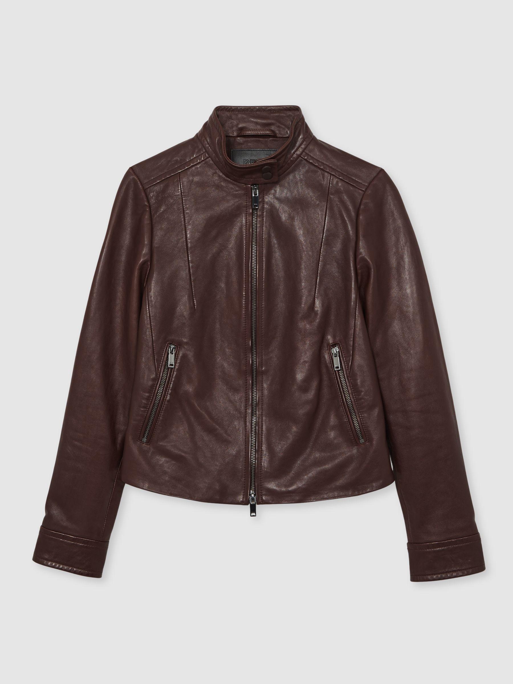 Fitted Leather Biker Jacket in Burgundy Product Image