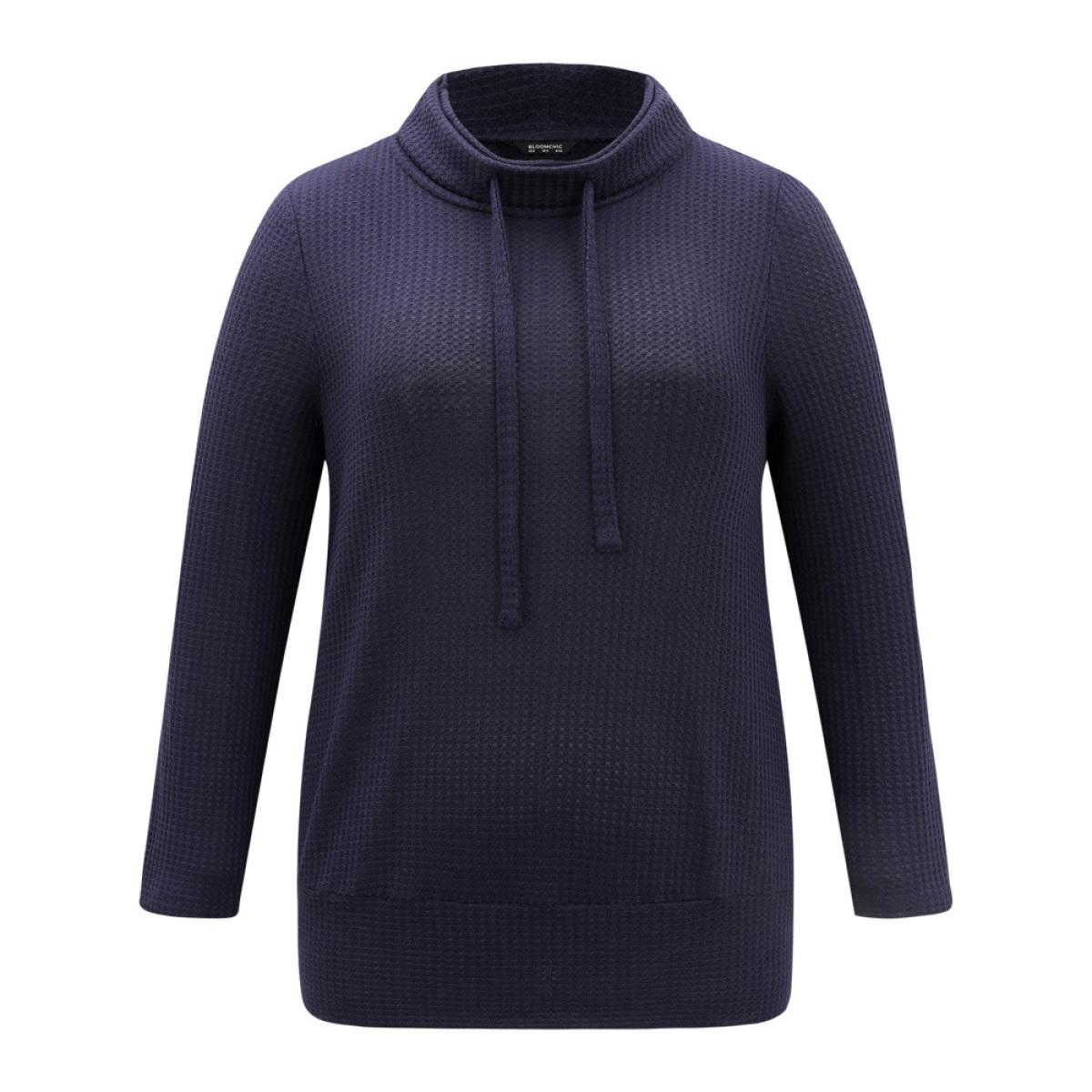 Plus Size Solid Funnel Neck Waffle Knit Drawstring T-shirt Indigo Women Elegant Waffle Knit Plain Turtleneck Dailywear T-shirts BloomChic 18-20/2X Product Image