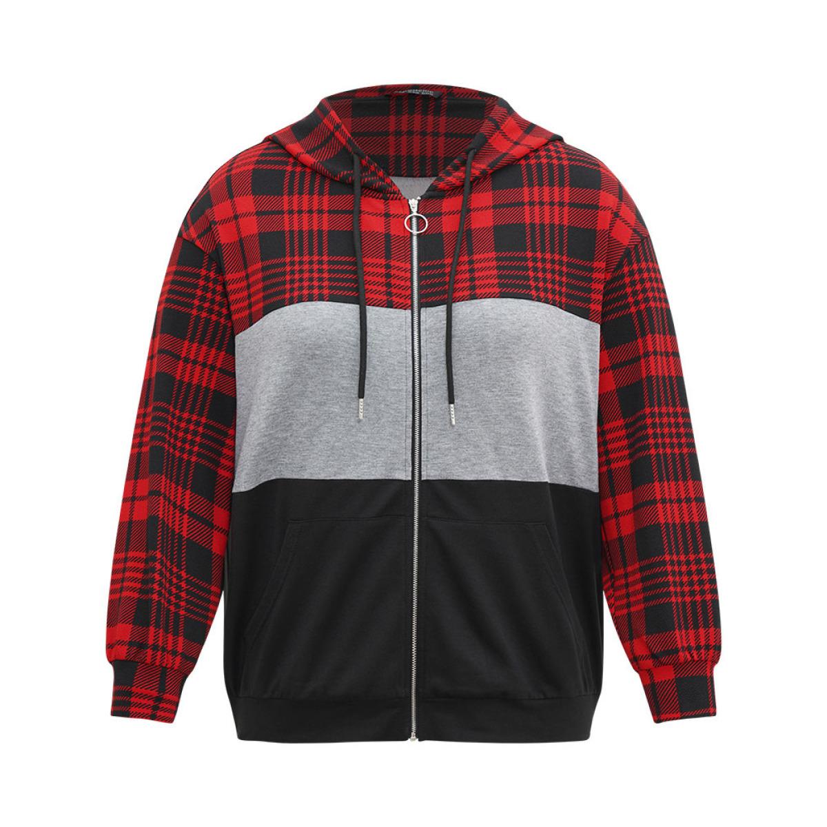 Plus Size Plaid Contrast Patchwork Drawstring Zipper Jacket Women Raspberry Contrast Pocket Dailywear Jackets BloomChic 22-24/3X Product Image