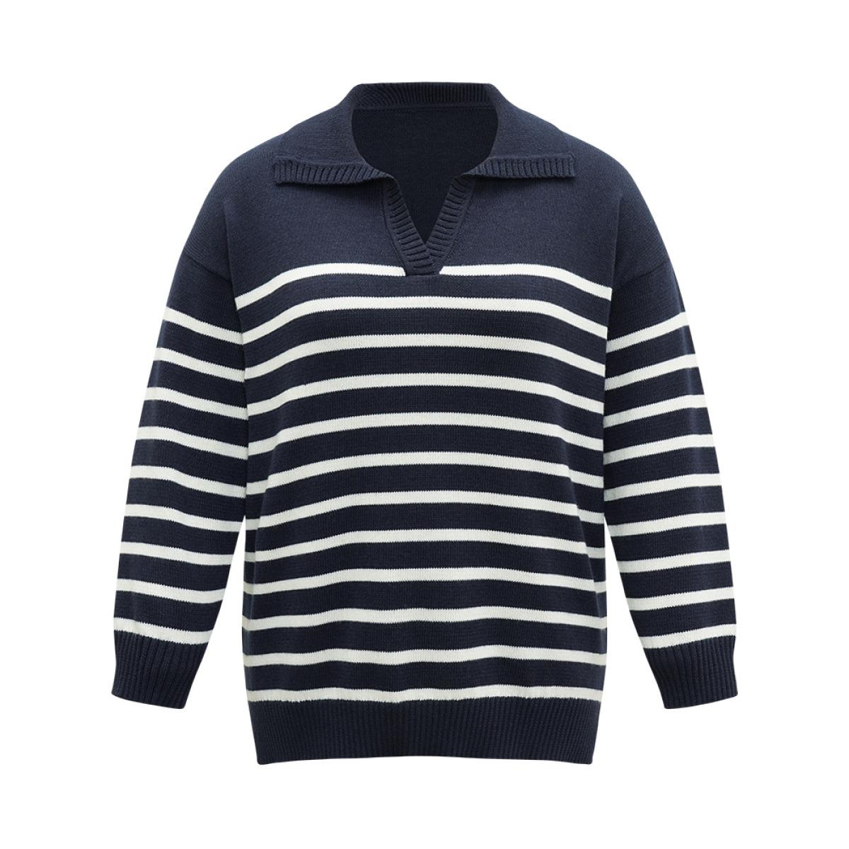 Plus Size Polo Striped Print Split Side Pullover Midnight Women Casual Loose Long Sleeve Polo Dailywear Pullovers BloomChic 12/L Product Image