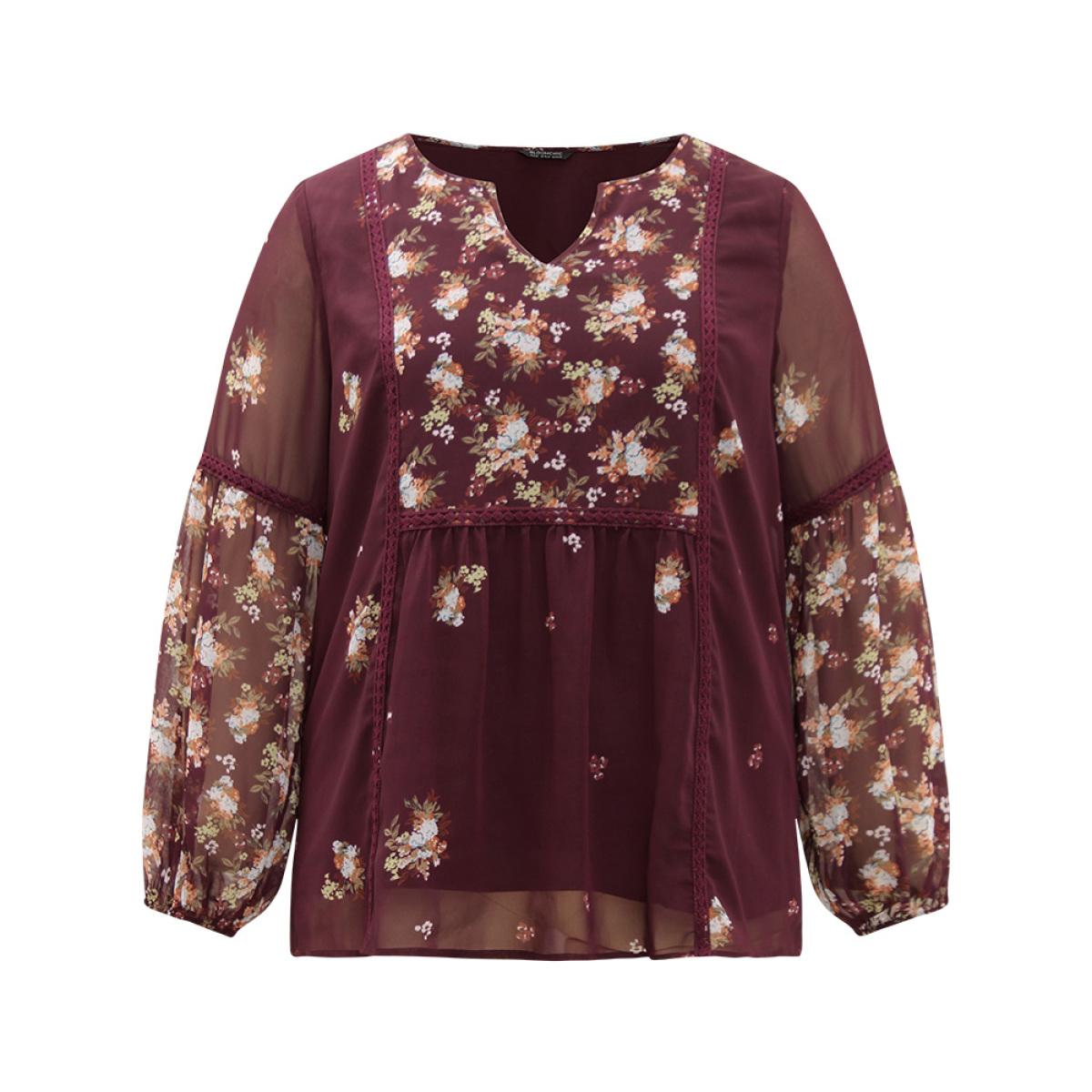 Plus Size Scarlet Floral Print Mesh Lace Patchwork Lantern Sleeve Blouse Women Elegant Long Sleeve V-neck Dailywear Blouses BloomChic 18-20/2X Product Image