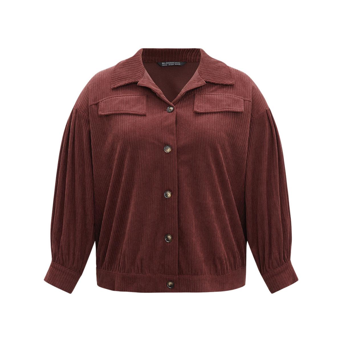 Plus Size Plain Texture Button Through Gathered Jacket Women Maroon Texture Dailywear Jackets BloomChic 12/L Product Image