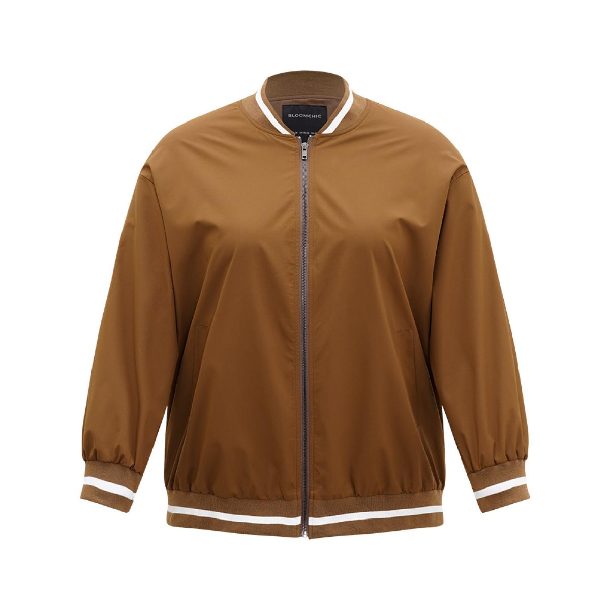 Plus Size Letter Embroidered Pocket Baseball Collar Jacket Women DarkBrown Rib Knit Pocket Dailywear Jackets BloomChic 28/5X Product Image