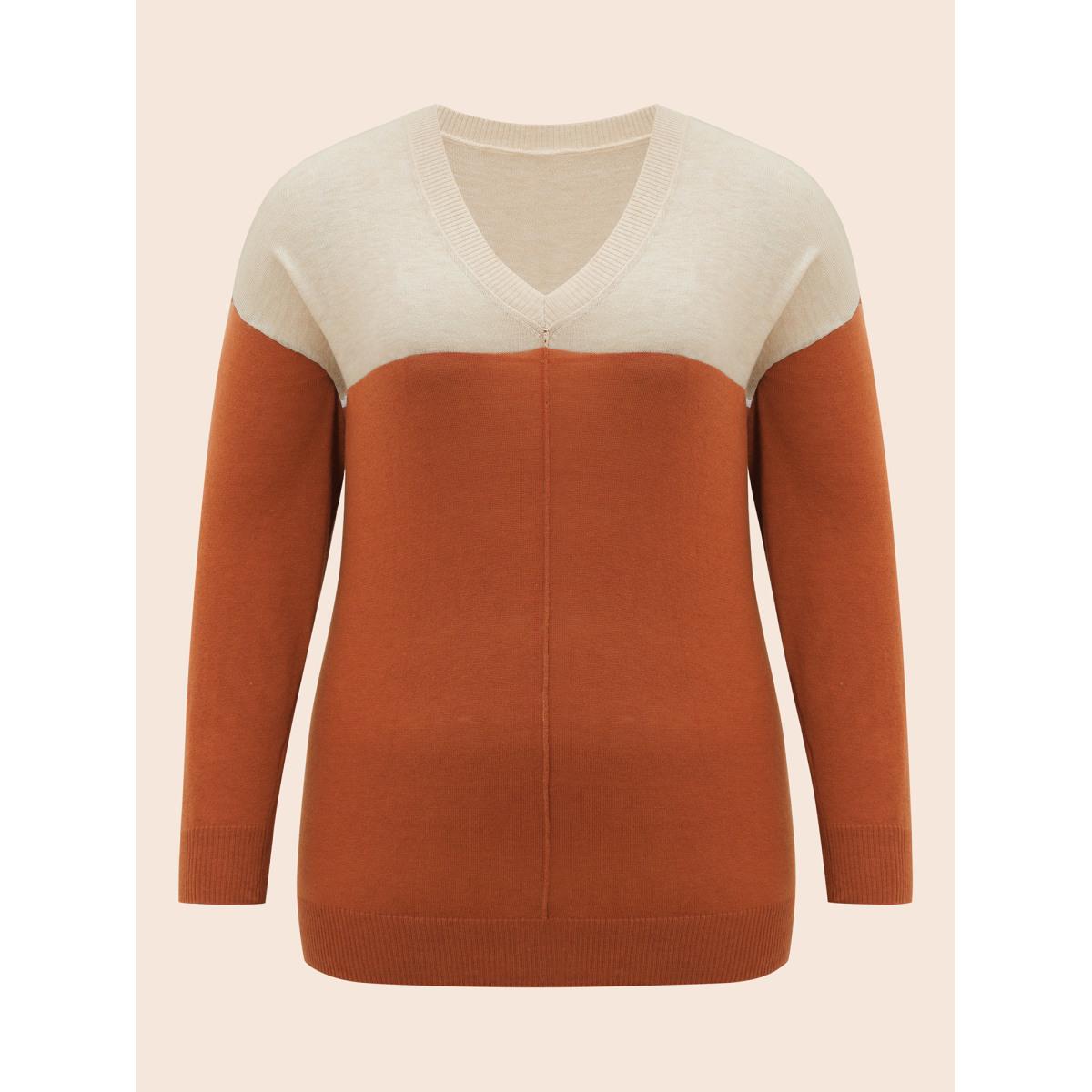 Plus Size Supersoft Essentials Colorblock Two Tone Patchwork V Neck Pullover Chocolate Women Leisure Loose V-neck Casual Pullovers BloomChic 10/M Product Image