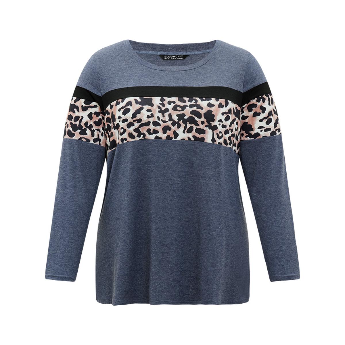 Plus Size Leopard Heather Patchwork Crew Neck T-shirt Blue Women Casual Patchwork Patchwork Round Neck Dailywear T-shirts BloomChic 12/L Product Image