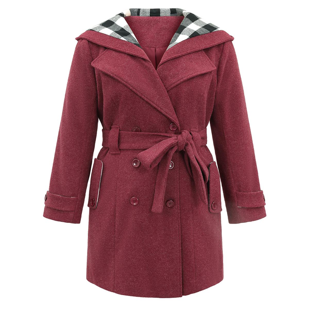 Plus Size Plaid Patchwork Double Breasted Belted Hooded Coat Women Burgundy Casual Lined Ladies Dailywear Winter Coats BloomChic 18-20/2X Product Image