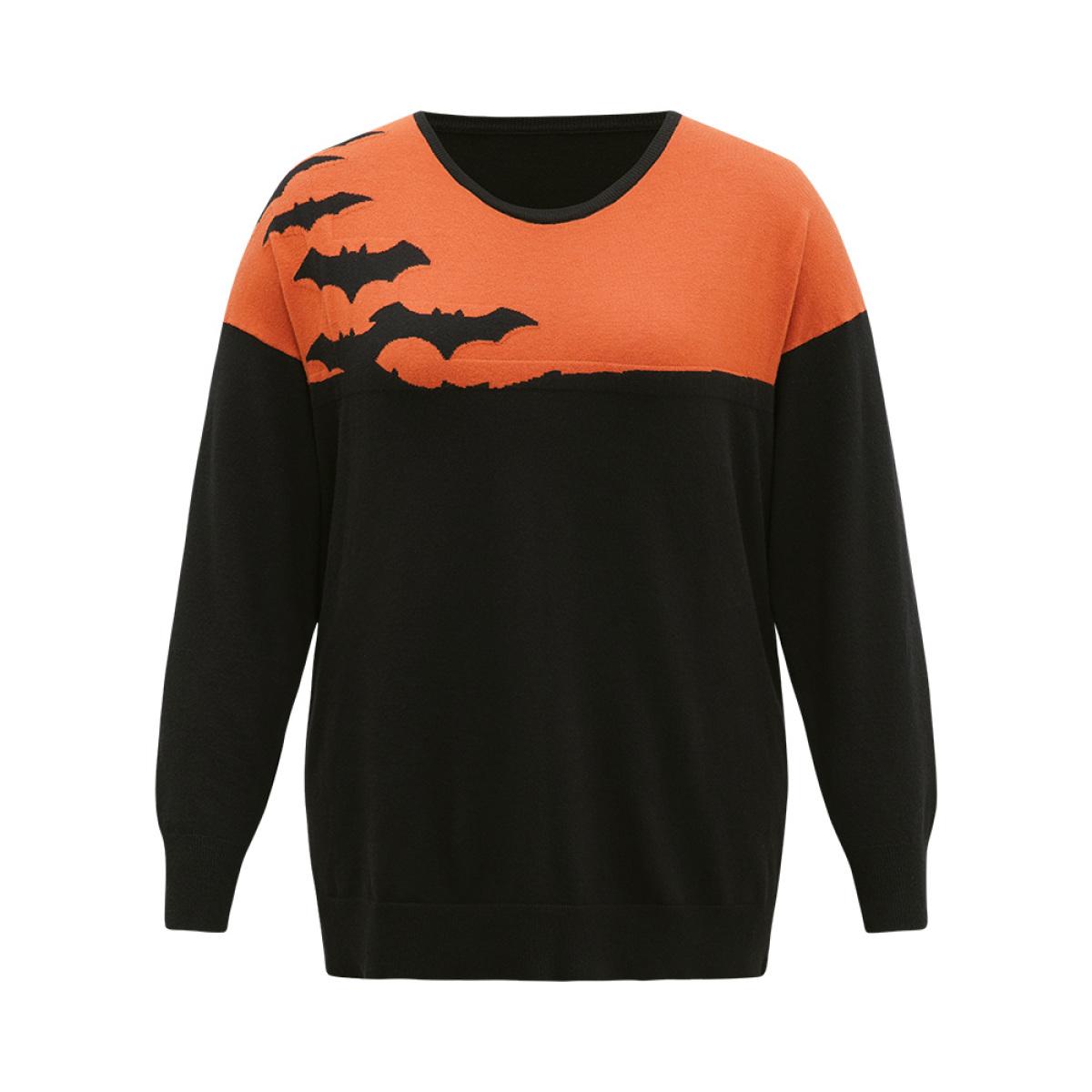 Plus Size Halloween Supersoft Essentials Two Tone Bat Print Pullover Black Women Casual Long Sleeve Round Neck Festival-Halloween Pullovers BloomChic 26/4X Product Image