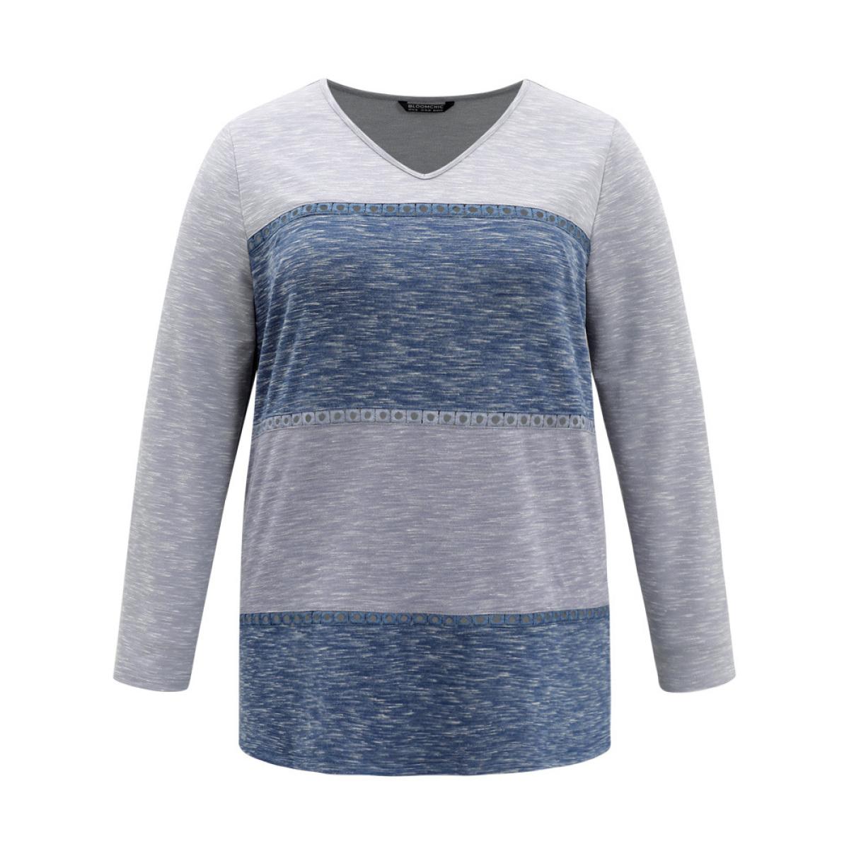 Plus Size Contrast Heather Patchwork Hollow Out Thick T-shirt Multicolor Women Elegant Thick Patchwork V-neck Dailywear T-shirts BloomChic 28/5X Product Image