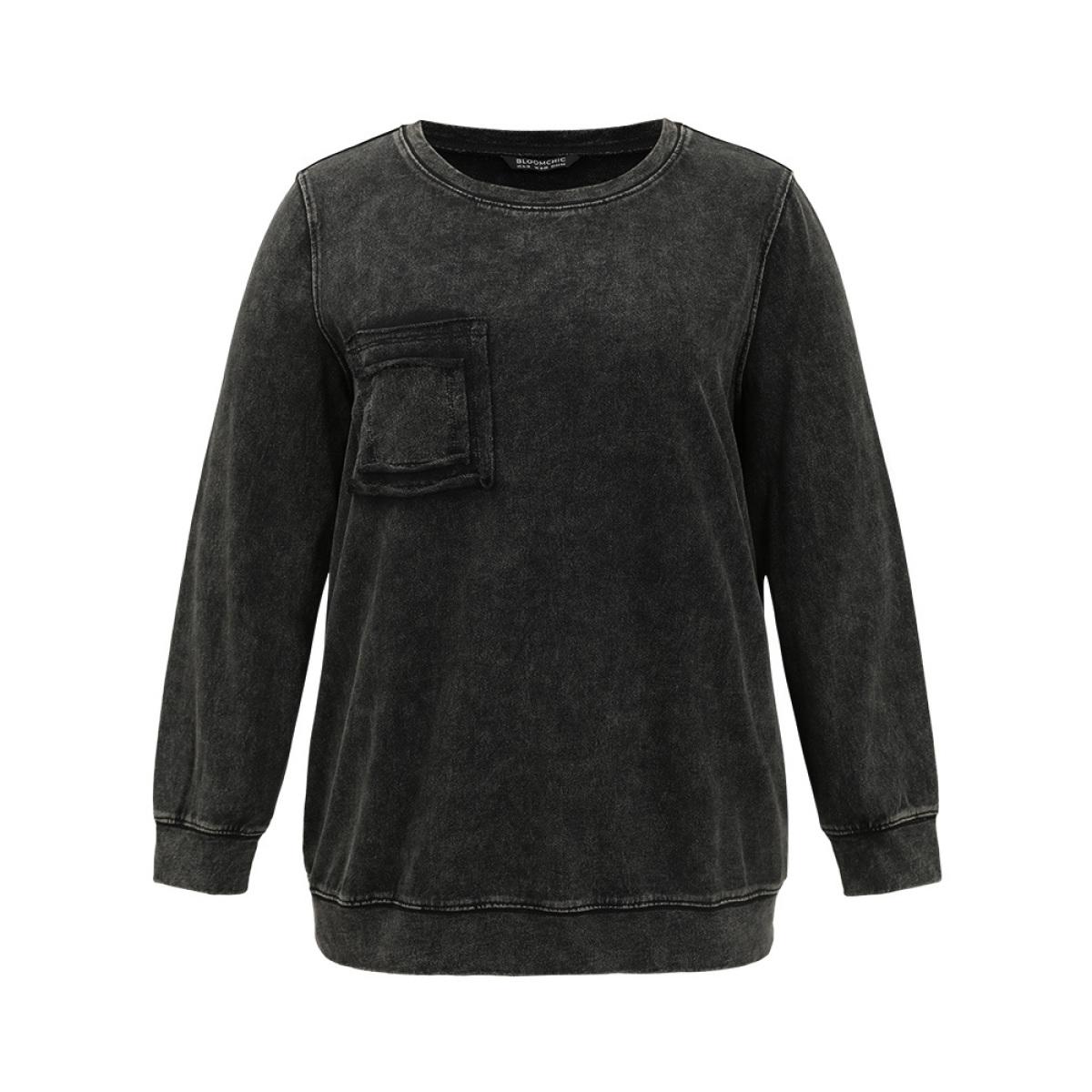 Plus Size Vintage Patched Pocket Round Neck Sweatshirt Women DimGray Casual Plain Round Neck Everyday Sweatshirts BloomChic 14-16/1X Product Image