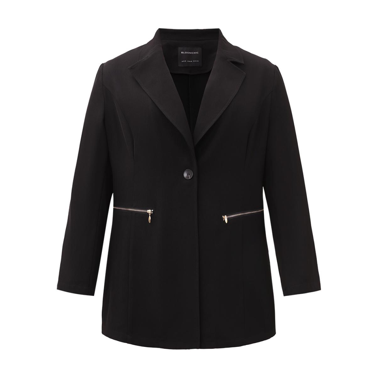 Plus Size Lapel Collar Zipper Button Up Blazer Black Women Office Plain Plain Sleeve Long Sleeve Lapel Collar 14-16/1X Pocket Office Blazers BloomChic Product Image