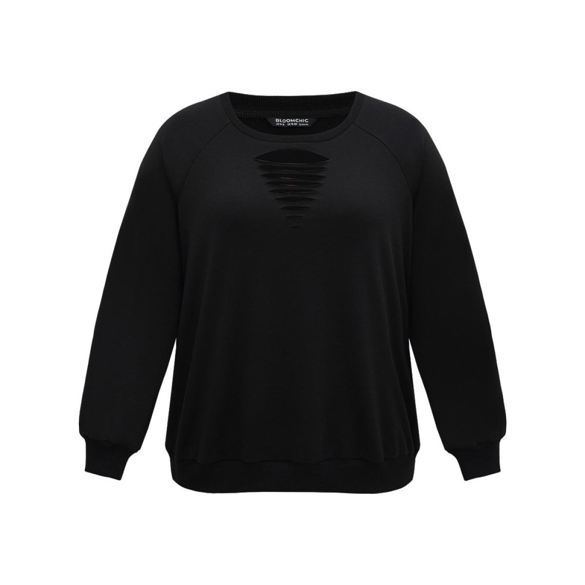 Plus Size Solid Rib Knit Cut Out Raglan Sleeve Sweatshirt Women Black Casual Rib Knit Keyhole Cut-Out Everyday Sweatshirts BloomChic 14-16/1X Product Image