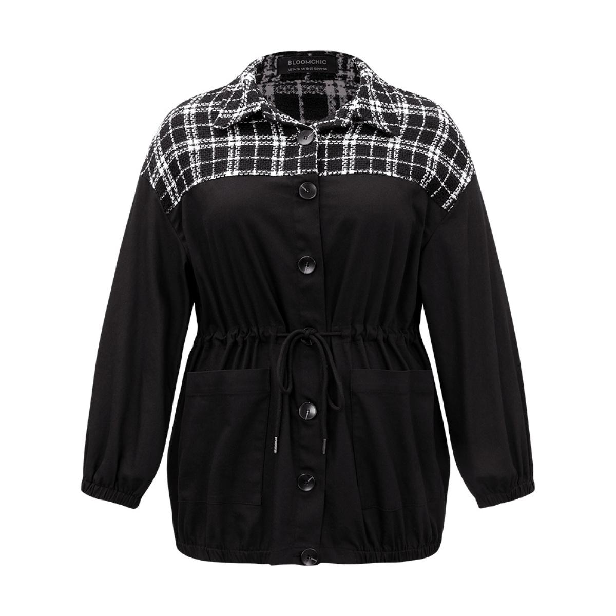 Plus Size Plaid Patchwork Contrast Drawstring Button Up Jacket Women Black Elastic cuffs Pocket Dailywear Jackets BloomChic 18-20/2X Product Image