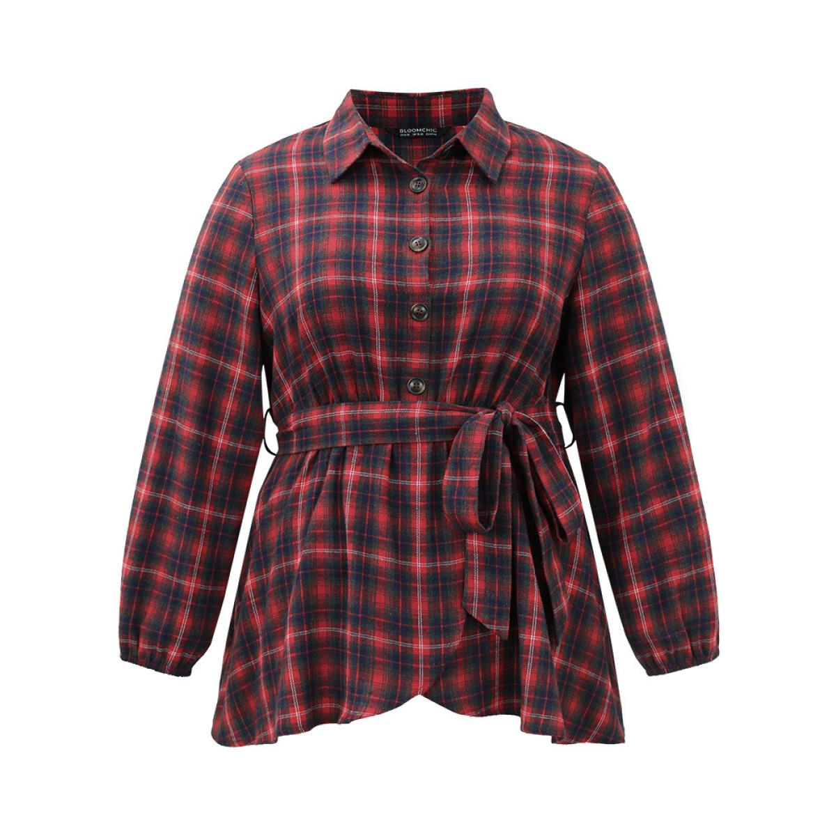 Plus Size Raspberry Plaid Shirt Collar Belted Button Through Blouse Women Elegant Long Sleeve Shirt collar Festival-Christmas Blouses BloomChic 12/L Product Image