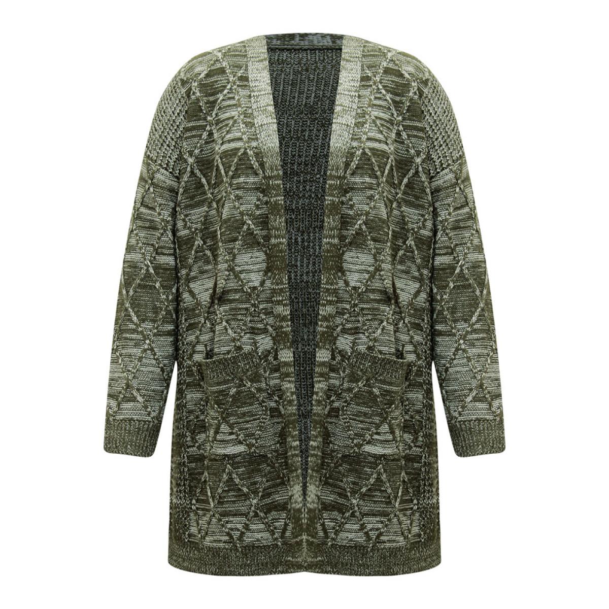 Plus Size Solid Heather Pocket Cable Knit Open Front Cardigan ArmyGreen Women Casual Loose Long Sleeve Dailywear Cardigans BloomChic 28/5X Product Image