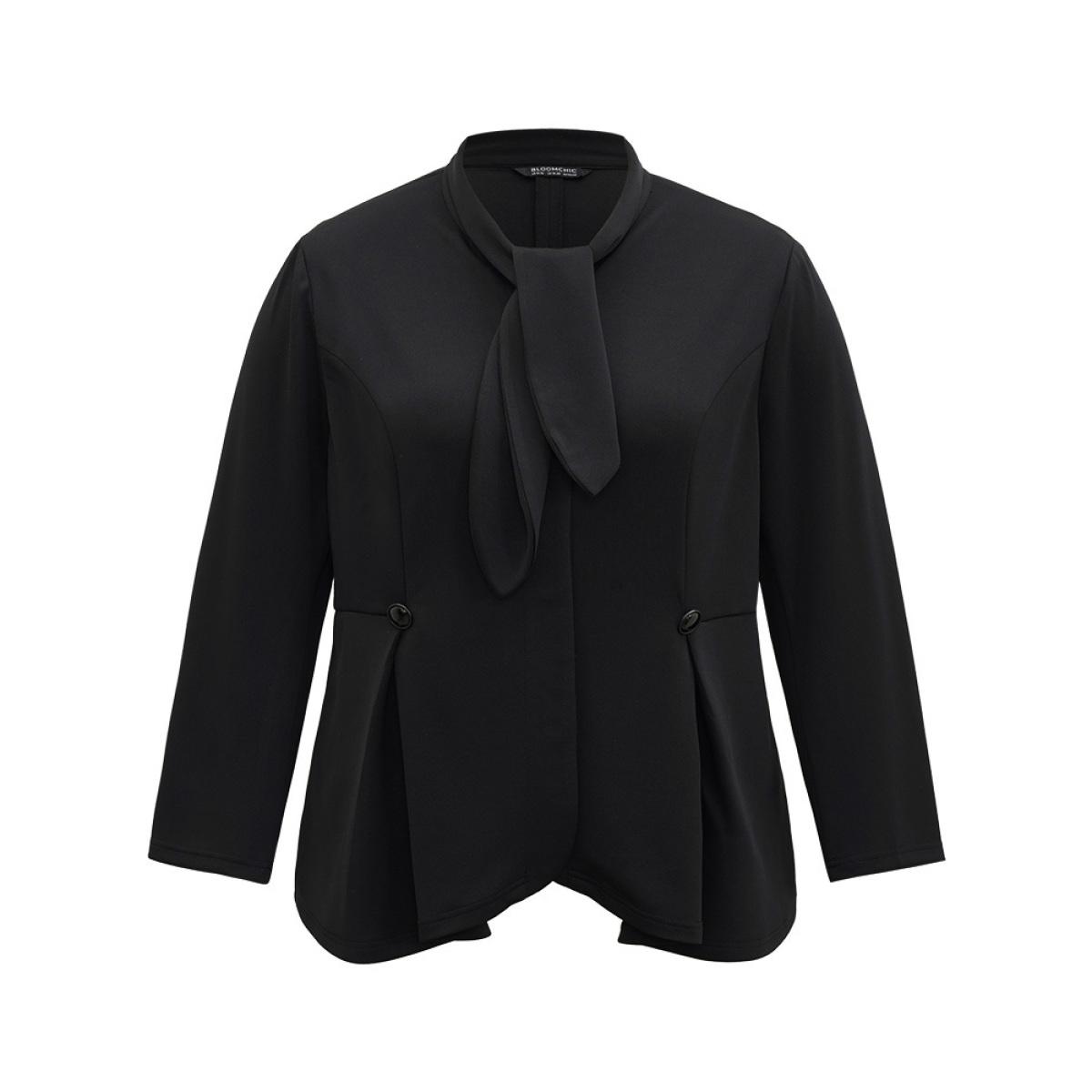 Plus Size Plain Button Detail Asymmetrical Ties Blazer Black Women Dailywear Plain Plain Sleeve Long Sleeve Asymmetrical Neck 18-20/2X Elegant Blazers BloomChic Product Image