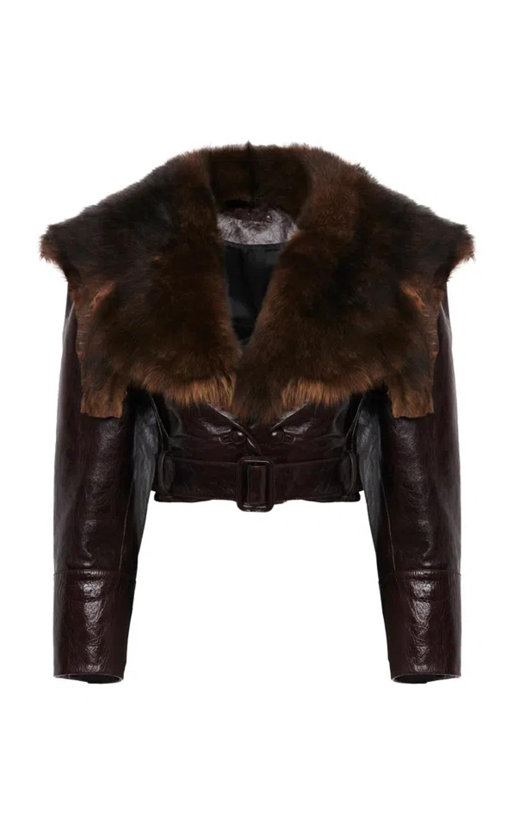 CHLOÉ Shiny Leather Crop Moto Jacket With Removable Lamb Shearling Collar In Brown Product Image