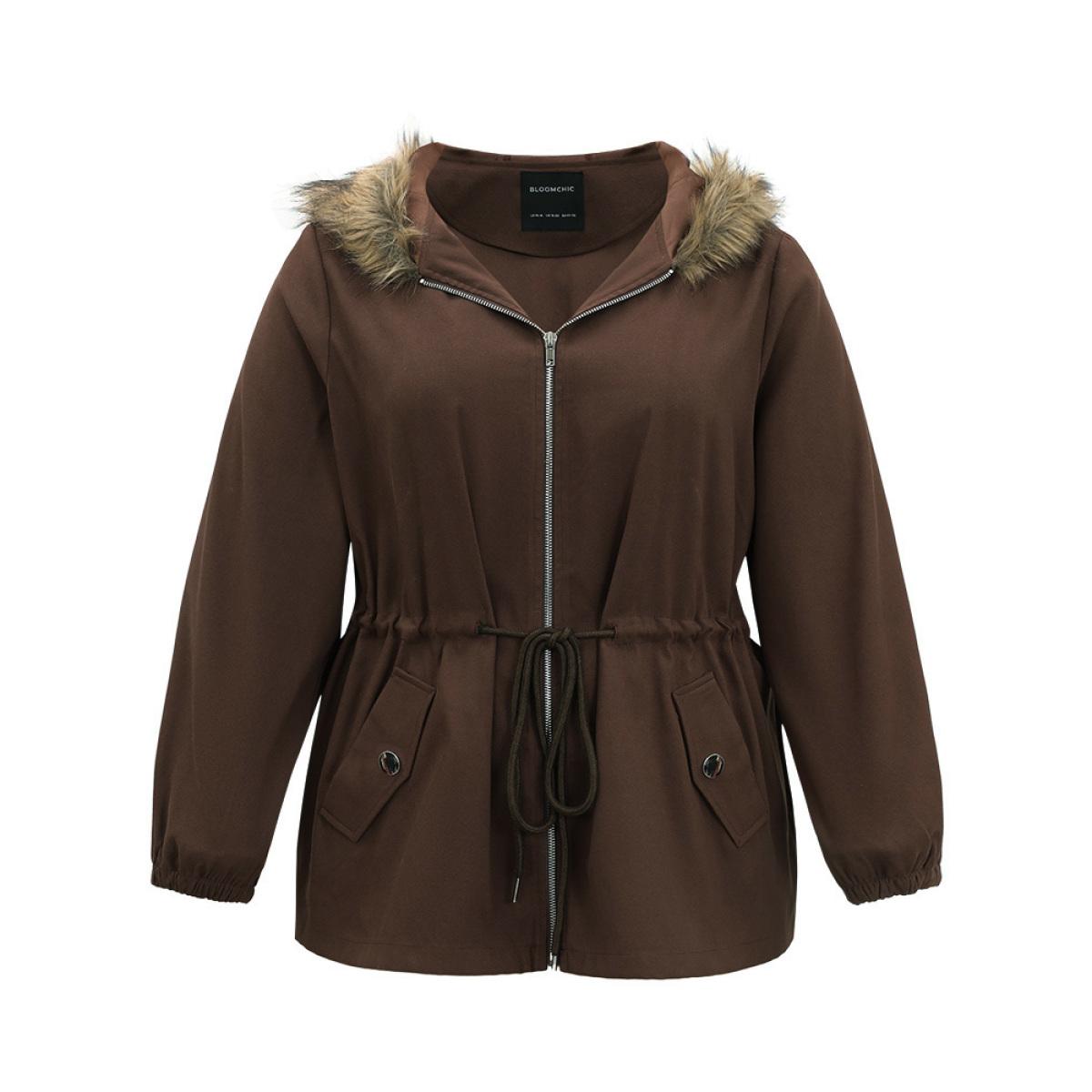 Plus Size Fuzzy Trim Patchwork Zipper Drawstring Buckle Detail Jacket Women DarkBrown Elastic cuffs Pocket Dailywear Jackets BloomChic 14-16/1X Product Image