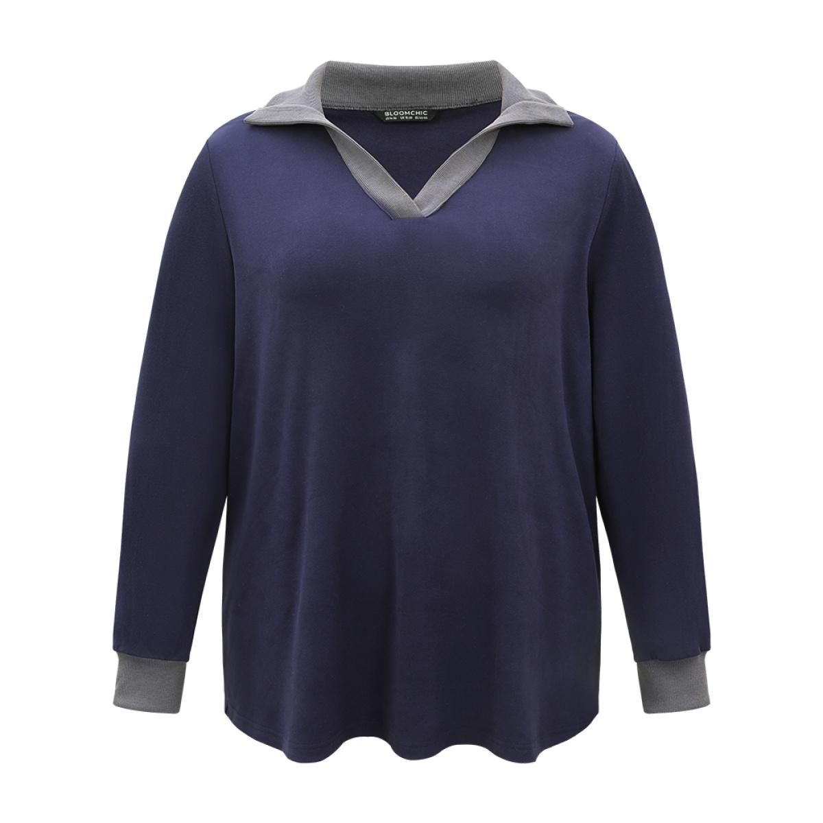 Plus Size Two Tone Contrast Lapel Collar Sweatshirt Women Navy Casual Contrast Lapel Collar Dailywear Sweatshirts BloomChic 14-16/1X Product Image