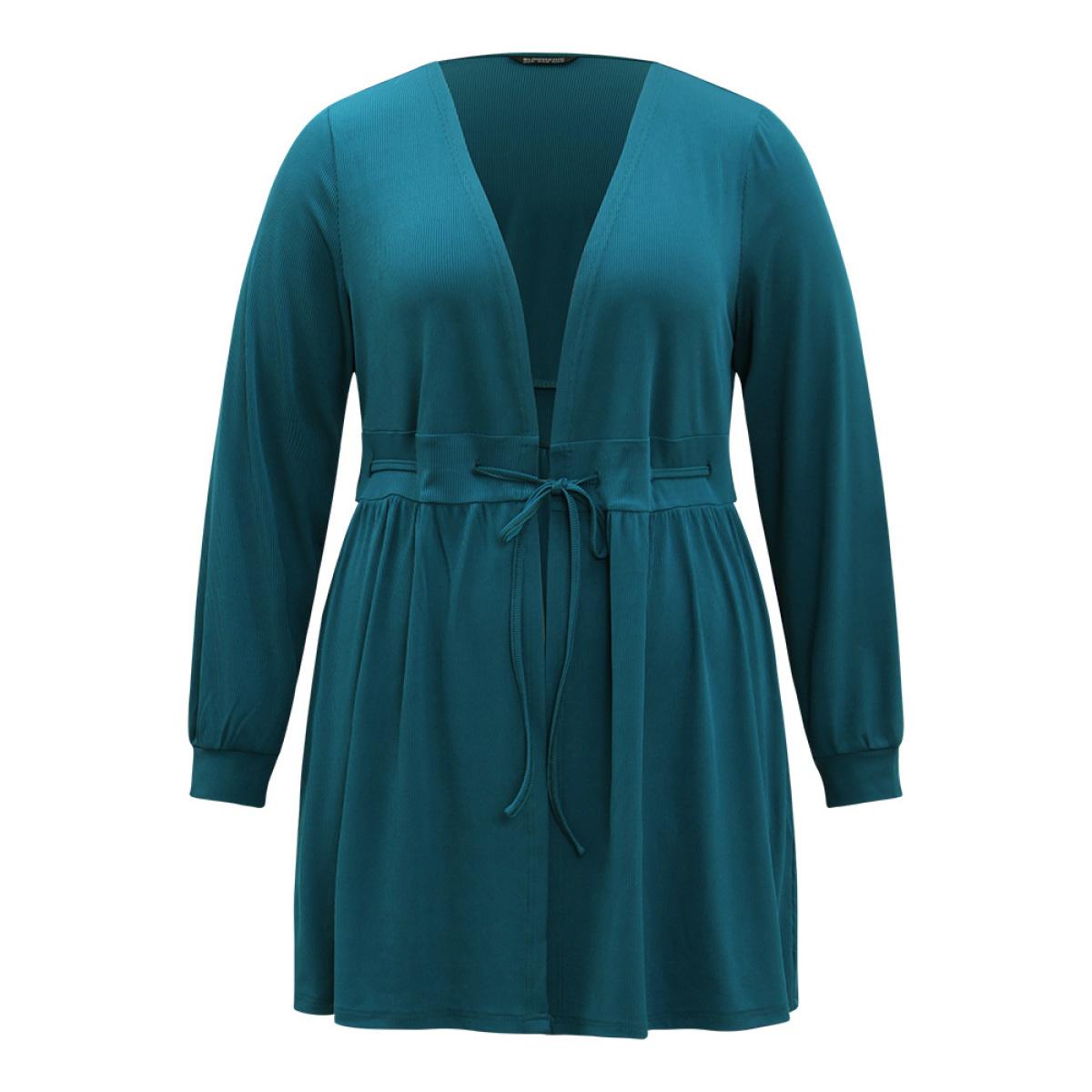 Plus Size Plain Drawstring Knot Gathered Open Front Coat Women Cyan Casual Plain Dailywear Kimonos BloomChic 26/4X Product Image