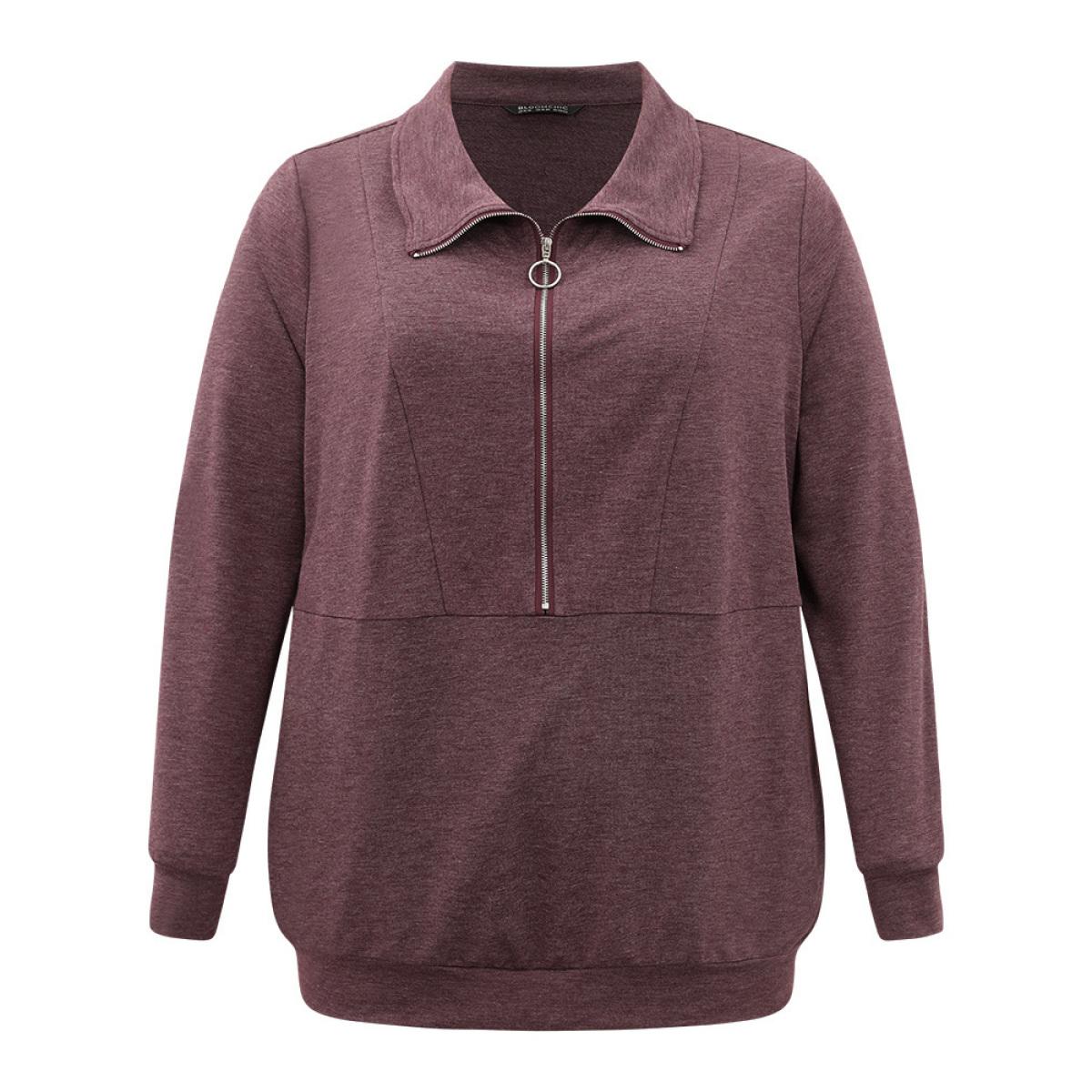 Plus Size Plain O Ring Half Zip Sweatshirt Women Eggplant Casual Plain Lapel Collar Dailywear Sweatshirts BloomChic 10/M Product Image