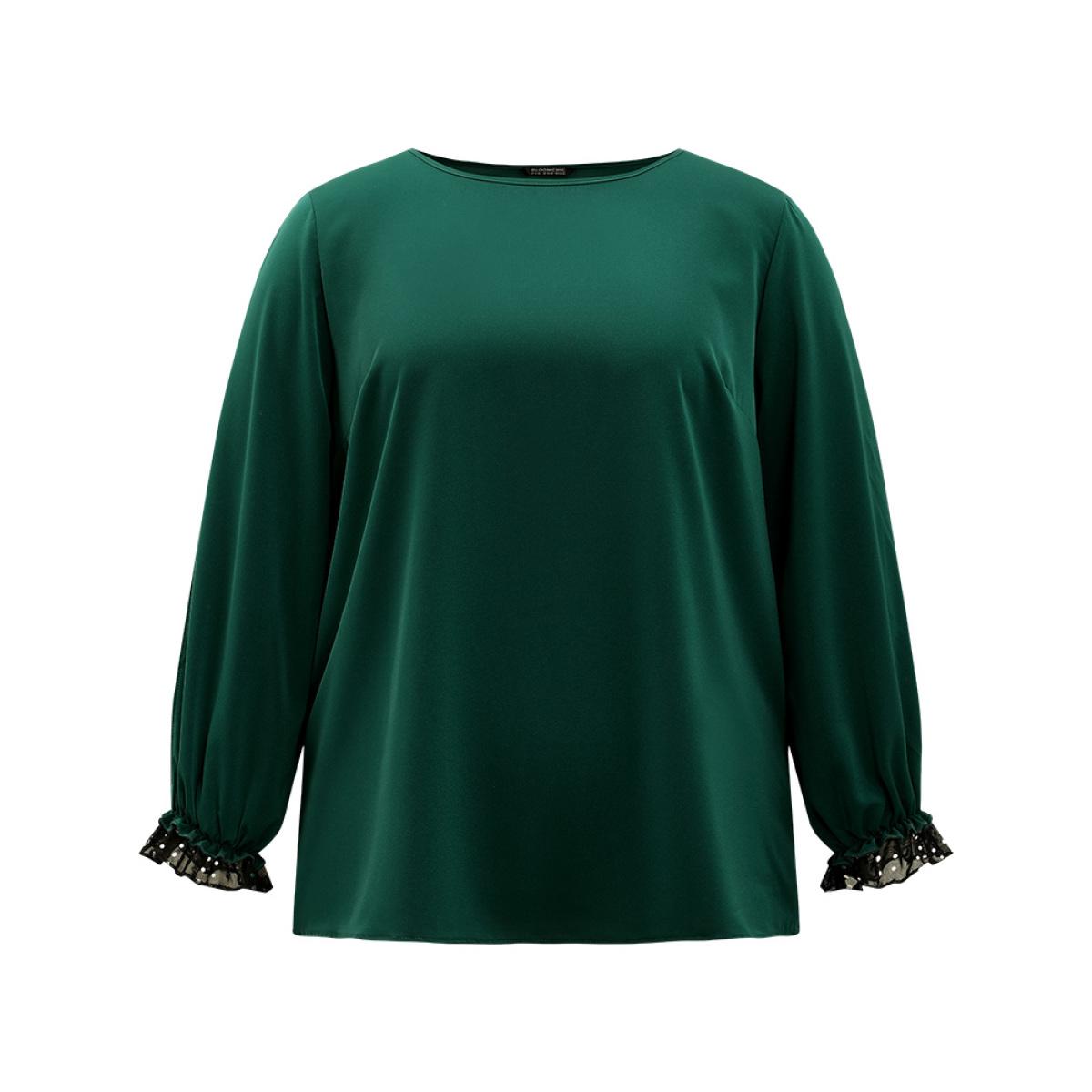 Plus Size DarkGreen Sequin Mesh Patchwork Lantern Sleeve Blouse Women Glamour Long Sleeve Round Neck Going out Blouses BloomChic 14-16/1X Product Image