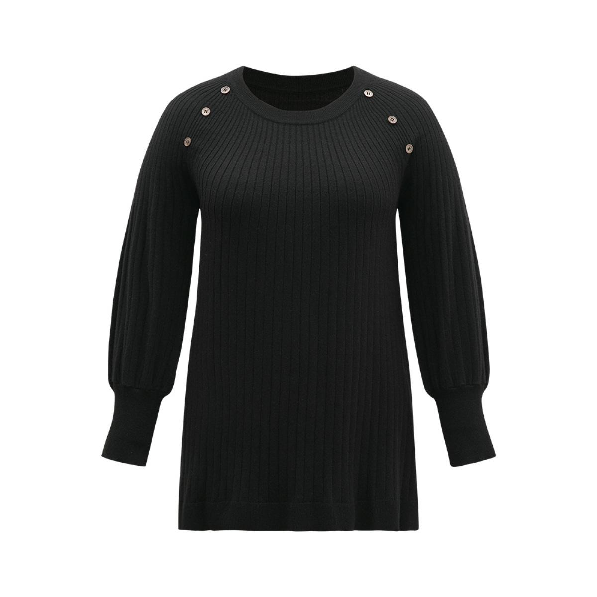 Plus Size Supersoft Essentials Anti-Pilling Button Detail Pullover Black Women Casual Loose Long Sleeve Round Neck Dailywear Pullovers BloomChic 30/6X Product Image