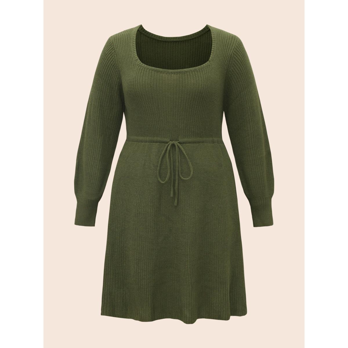 Plus Size Square Neckline Waist-Tie Midi Sweater Dress ArmyGreen Women Casual Bodycon Long Sleeve Everyday Sweater Dresses BloomChic 26/4X Product Image