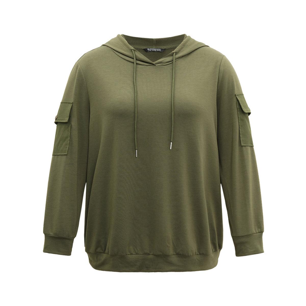 Plus Size Solid Flap Pocket Hooded Drawstring Sweatshirt Women ArmyGreen Casual Plain Hooded Dailywear Sweatshirts BloomChic 28/5X Product Image
