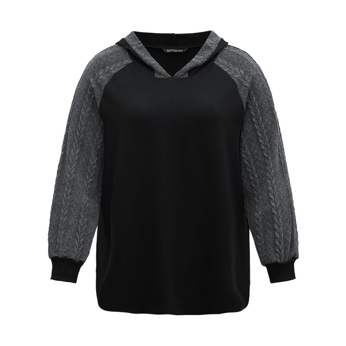 Plus Size Rib Knit Cable Knit Patchwork Hooded Sweatshirt Women Black Casual Elastic cuffs Hooded Dailywear Sweatshirts BloomChic 26/4X Product Image