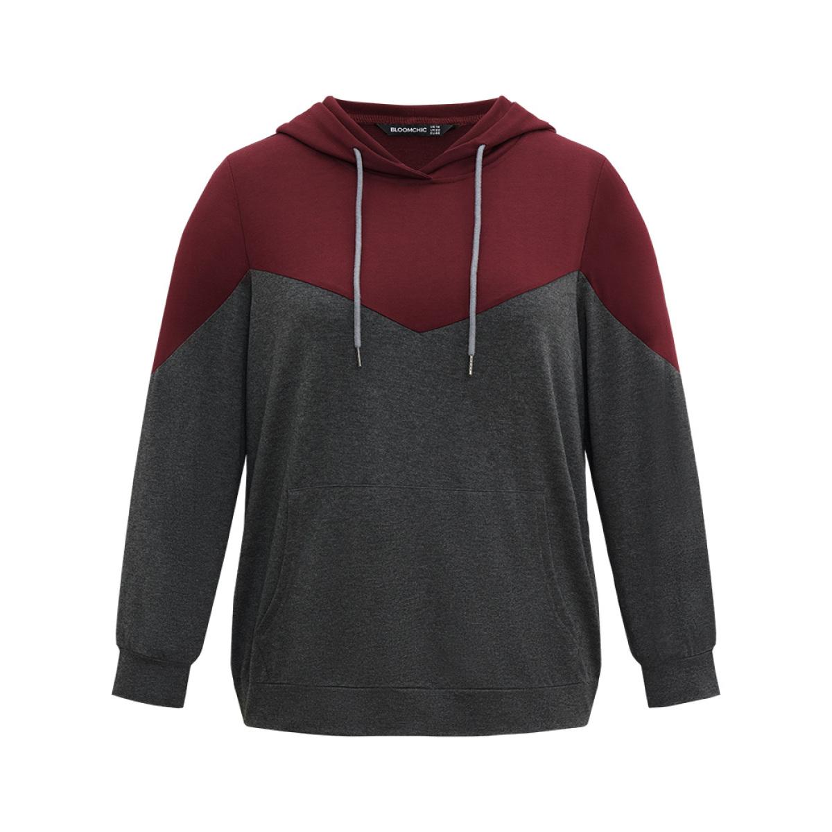 Plus Size Contrast Patchwork Hooded Pocket Drawstring Sweatshirt Women Burgundy Casual Contrast Hooded Dailywear Sweatshirts BloomChic 30/6X Product Image