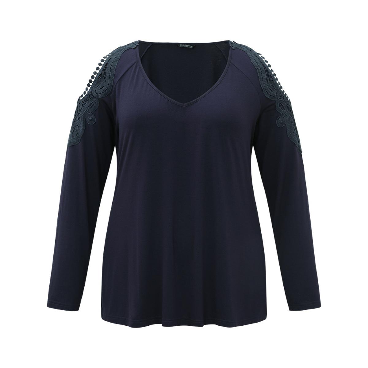 Plus Size Supersoft Essentials Cold Shoulder Eyelet Lace T-shirt Indigo Women Elegant Plain Plain V-neck Dailywear T-shirts BloomChic 14-16/1X Product Image