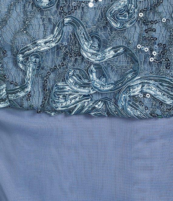 Alex Evenings Petite Size Lace Soutache Bodice V-Neck Short Sleeve Cascade Ruffle Empire Waist Dress Product Image