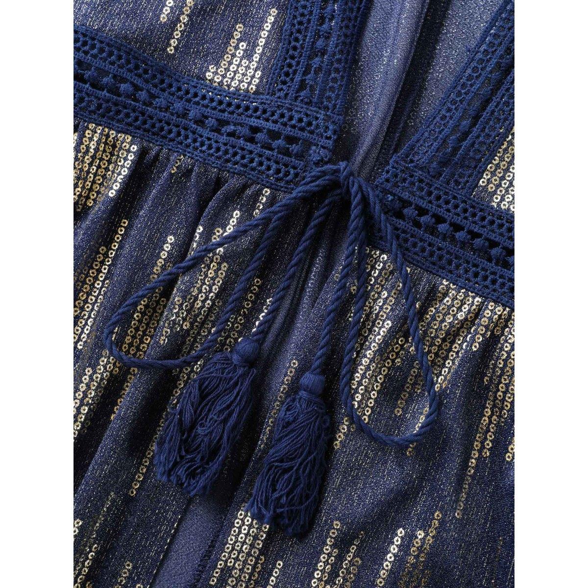 Plus Size Glitter Tassels Webbed Open Front Kimono Women Indigo Woven ribbon&lace trim Vacation Kimonos BloomChic 14-16/1X Product Image