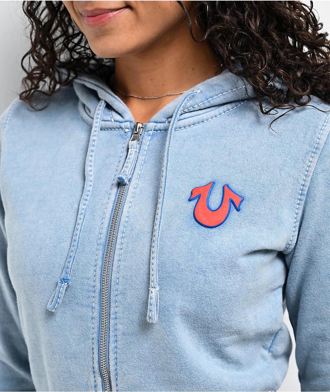 True Religion Big T Logo Blue Wash Crop Zip Hoodie Product Image
