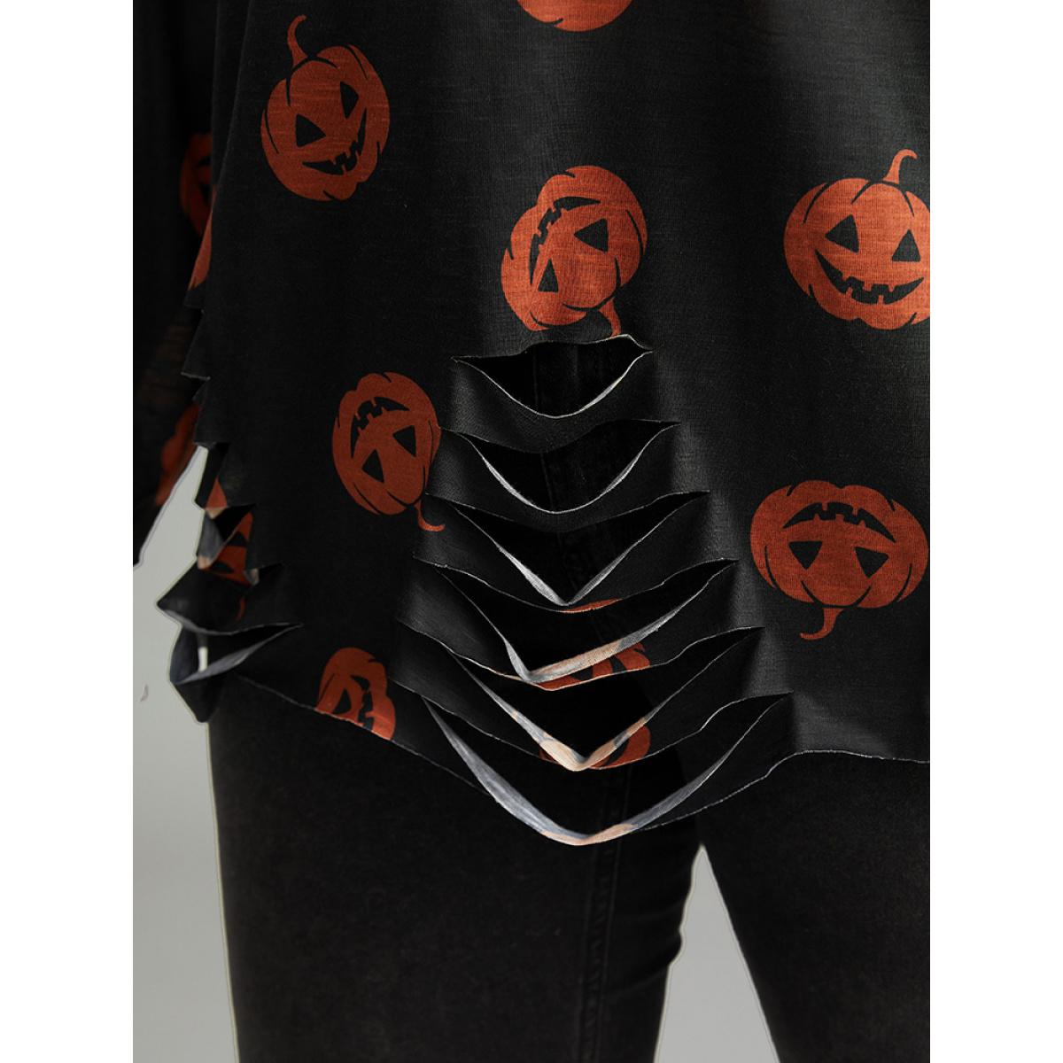 Plus Size Halloween Pumpkin Print Distressed T-shirt Black Women Casual Printed Graphic-Halloween Round Neck Festival-Halloween T-shirts BloomChic 26/4X Product Image