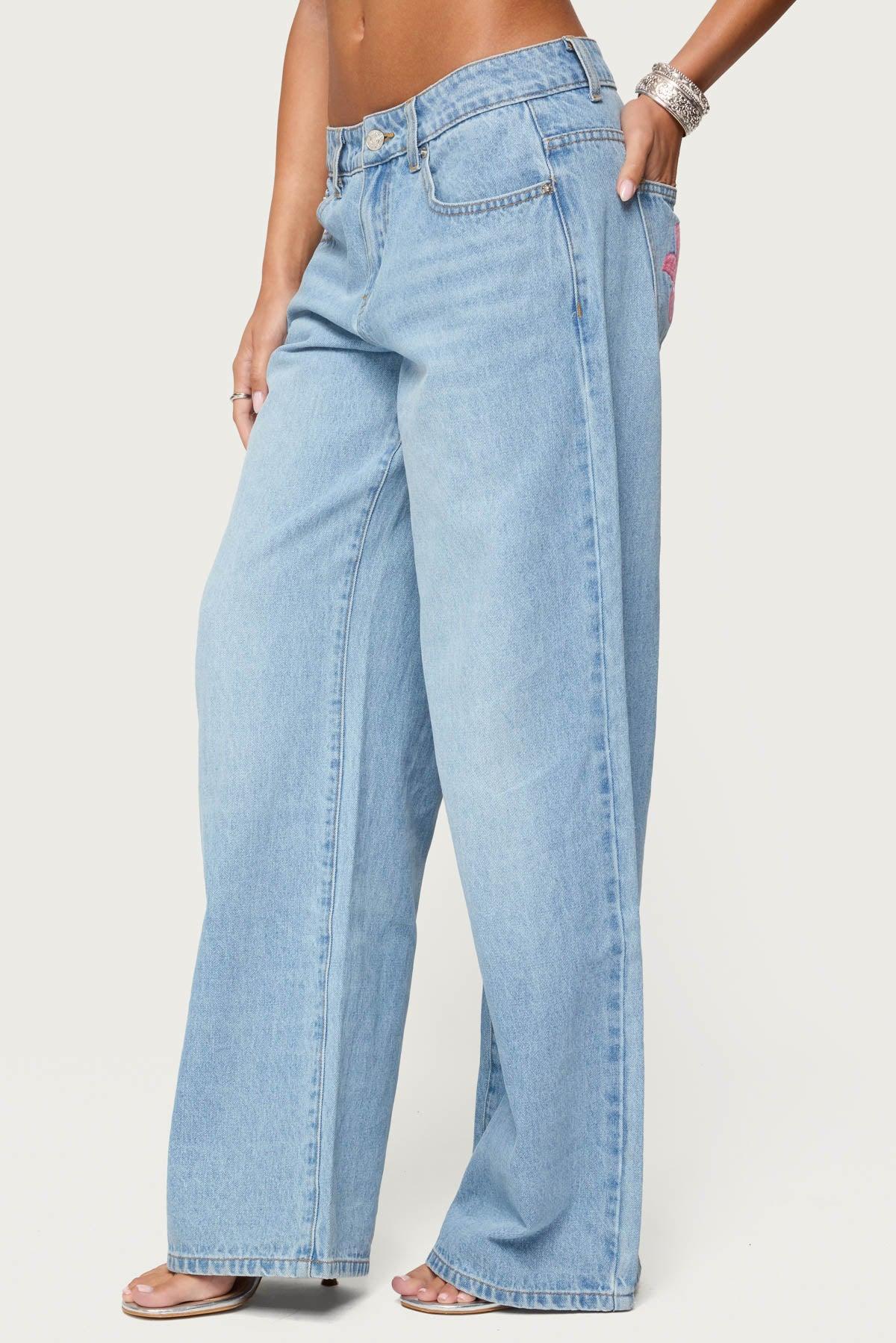 Mirra Embroidered Flower Low Rise Baggy Jeans Product Image
