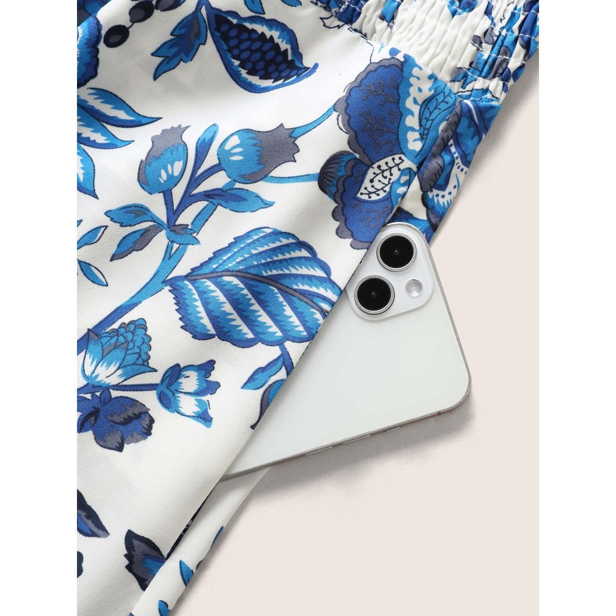 Plus Size Boho Print Tie Knot Shirred Cami Dress Blue Women Resort Tie knot Non Sleeveless Curvy Midi Dress BloomChic 14-16/1X Product Image